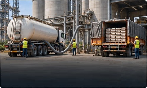 Bulk cement tanker and bagged cement trucks at a plant