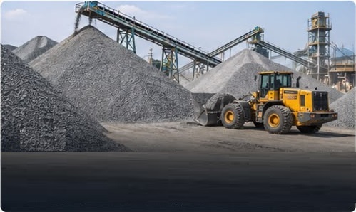 Aggregate stockpiles and heavy equipment at a material plant
