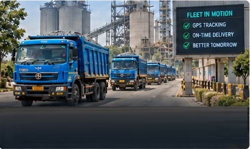 Fleet of trucks leaving a cement plant