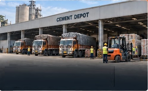 Cement depot receiving multiple transport trucks