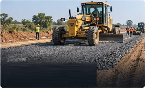 Road construction grader spreading aggregate material